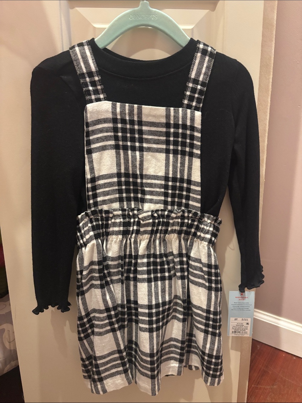 Girls Black & White Plaid Pinafore Skirt with Black Long-Sleeve Top